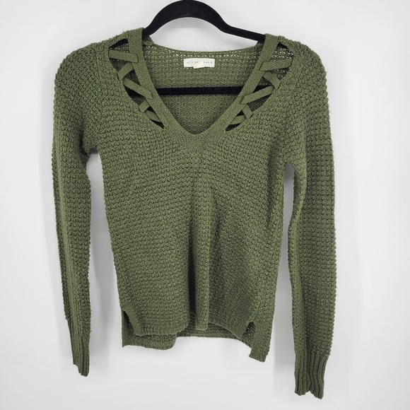 Aeropostale Green V Neck Lace Chunky Ribbed Knit Long Sleeve Stretchy Sweater XS - Picture 5 of 11